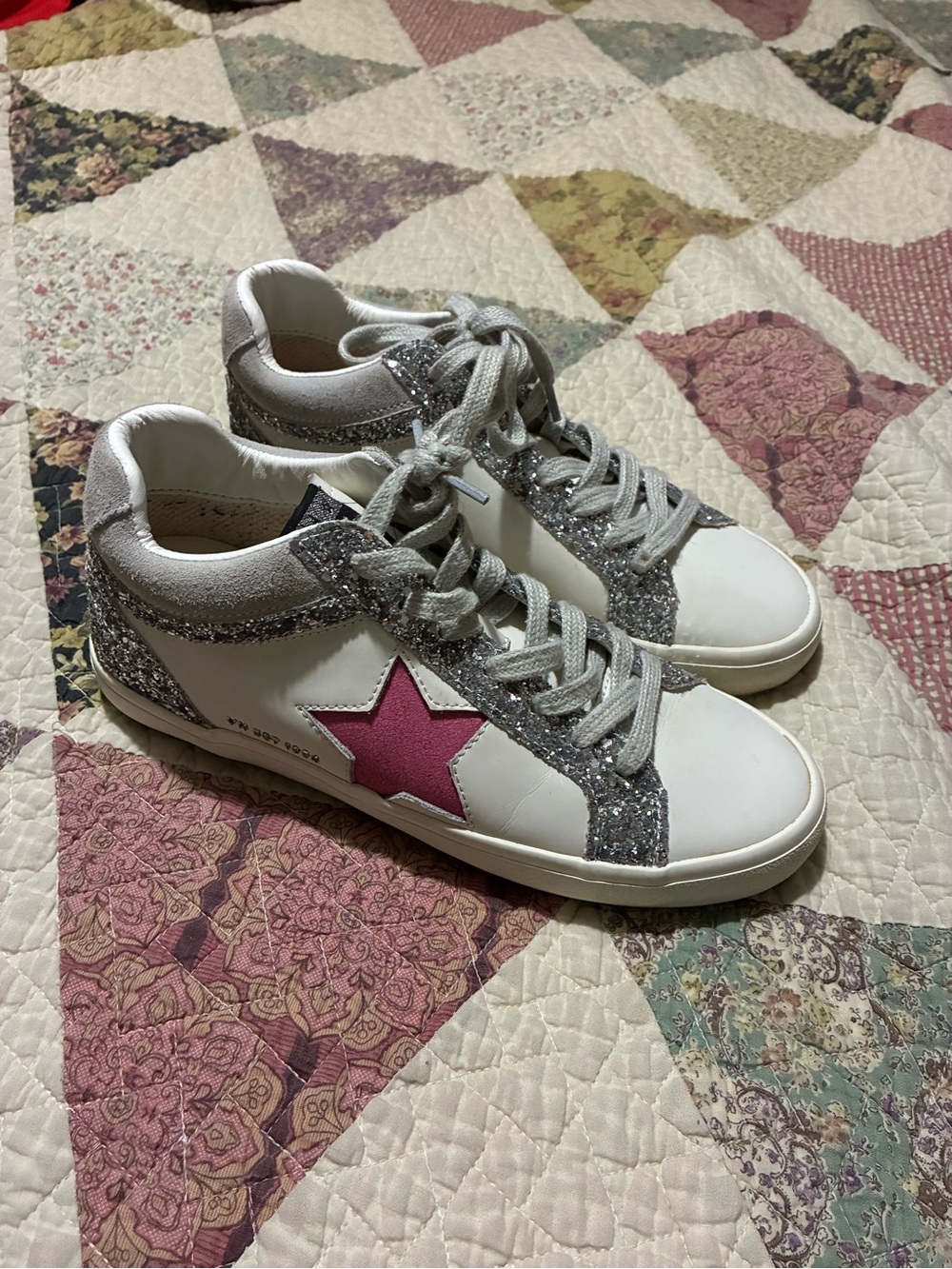 Women's White Leather Sneakers with Pink Star & Silver Glitter Trim